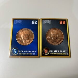 Baseball treasures Robinson Cano and Buster Posey coin cards